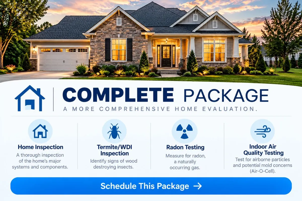Complete Package (Save $95): Home Inspection, Termite/WDI Inspection, Radon Testing and Indoor Air Quality Testing. Schedule this package.
