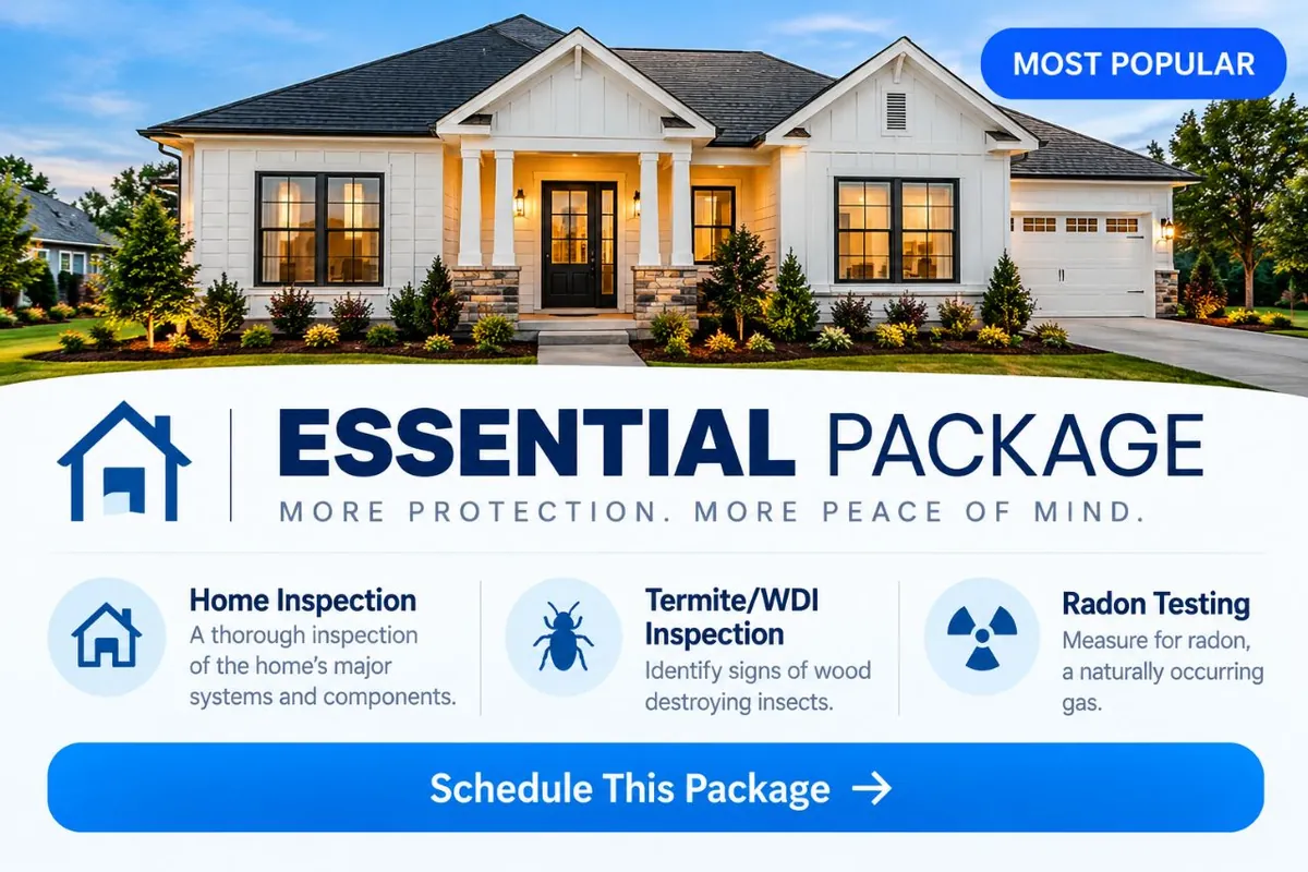 Essential Package (most popular, Save $70): Home Inspection, Termite/WDI Inspection and Radon Testing. Schedule this package.