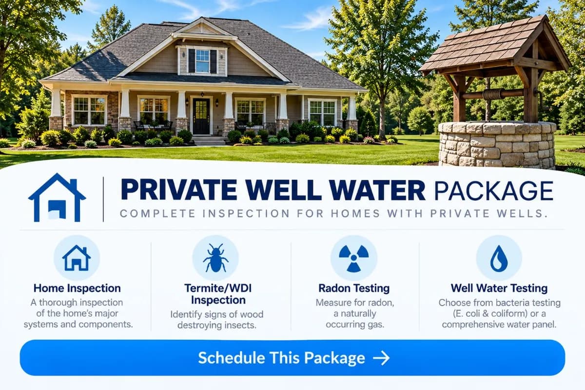 Private Well Water Package (Save $135): Home Inspection, Termite/WDI Inspection, Radon Testing and Well Water Testing. Schedule this package.